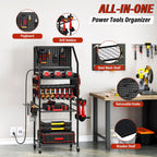 TC-HOMENY Power Tool Organizer Cart with 8 Outlets Charging Power Station, 24 Large Drill Tool Storage Racks with Wheels for Garage, Heavy Duty Tools Organizer Station, Festival Gifts for Men Dads