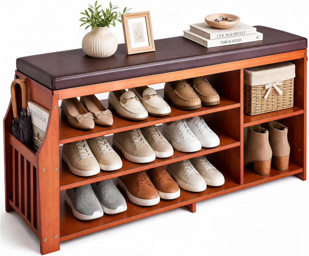 OAKHAM 50" Bamboo Shoe Storage Bench with Comfortable Padded Faux Leathe...