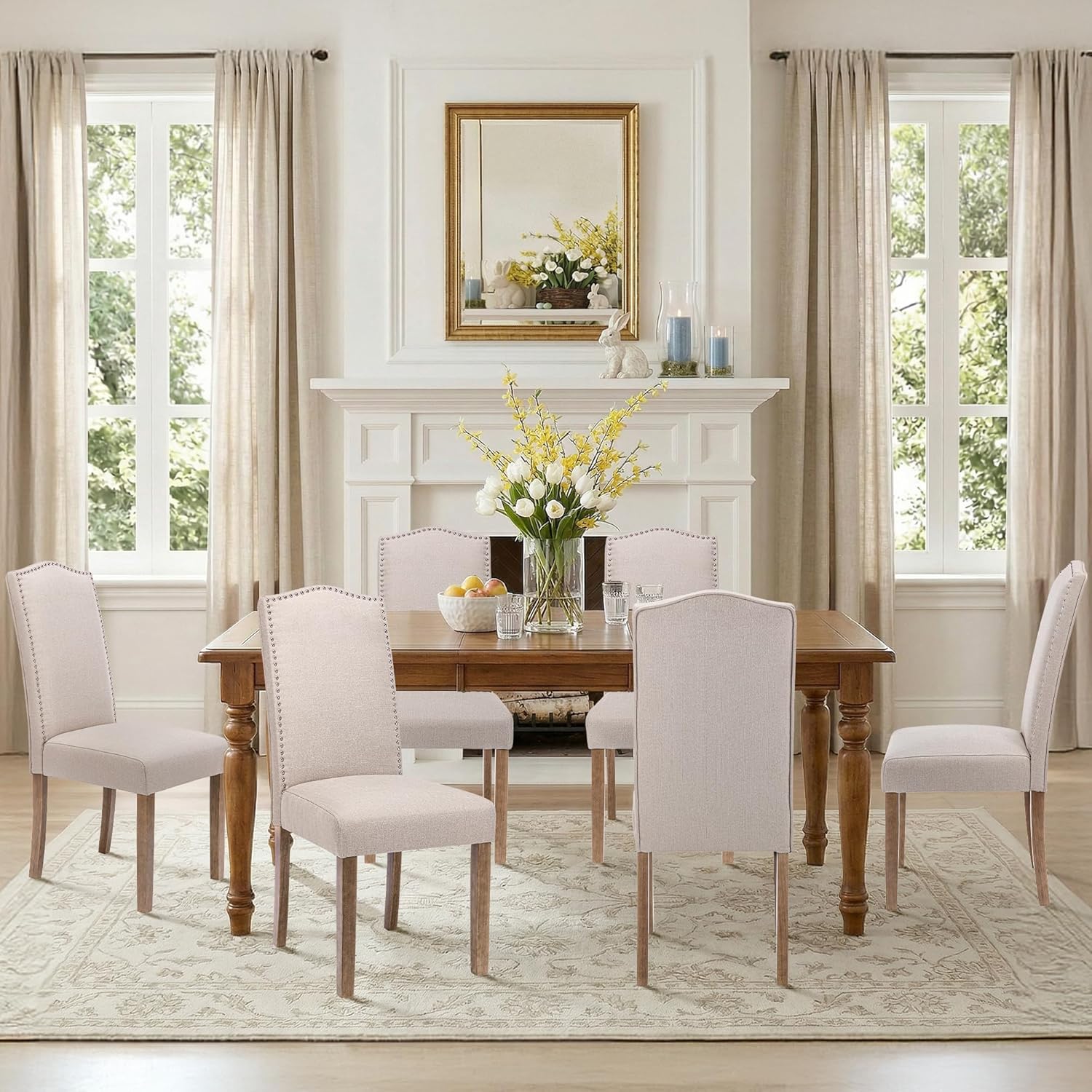 Upholstered Dining Chair Modern Stylish Parsons Kitchen Diner High Back with Silver Nailhead Trim & Wood Legs, Set of 4, Fabric Beige