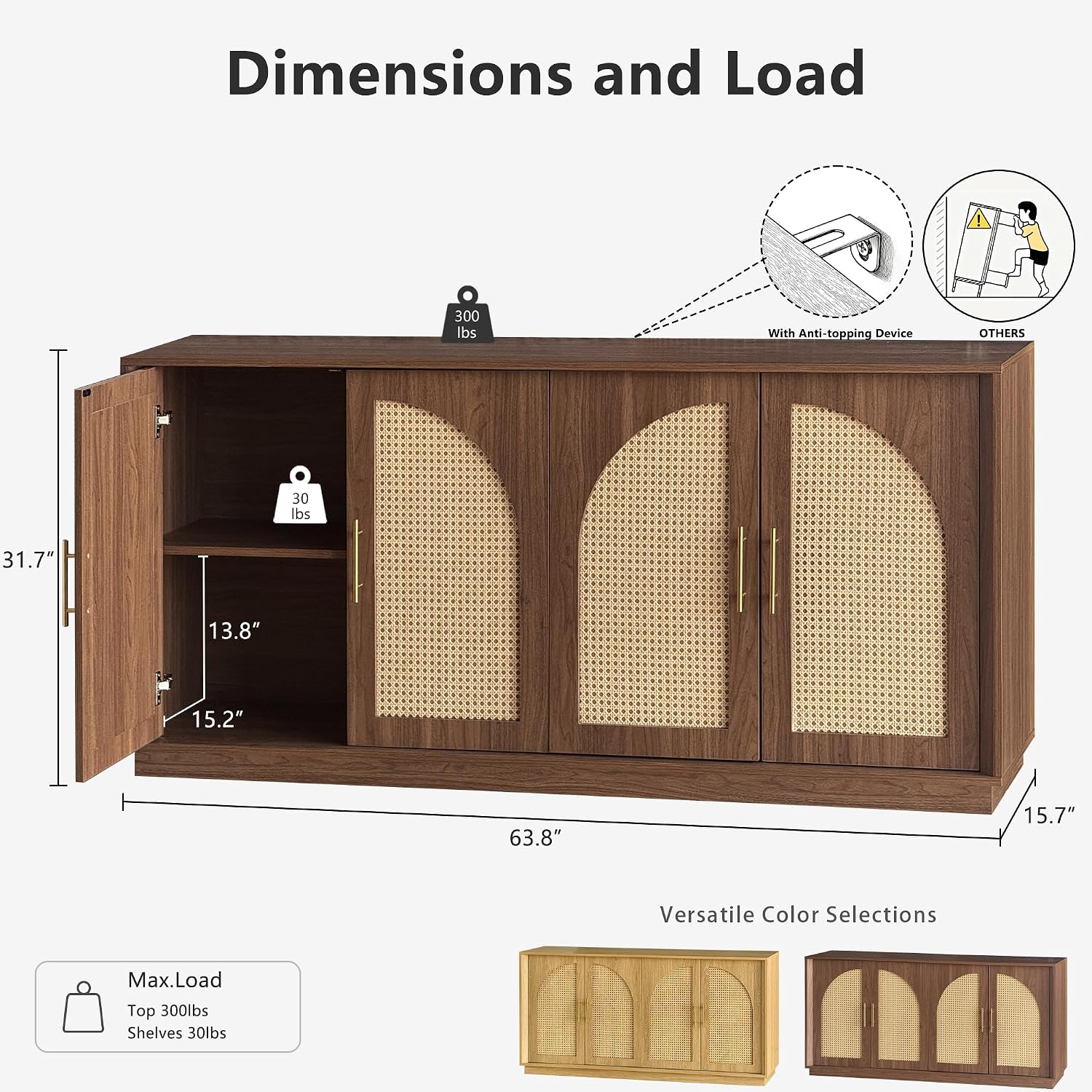 FORTUNETEC 63.8" Sideboard Buffet Cabinet with Storage, Natural Walnut | Accent Cabinet with Arched Doors, Boho Modular Media Console, Credenza for Living Room Kitchen Dining Room Entryway