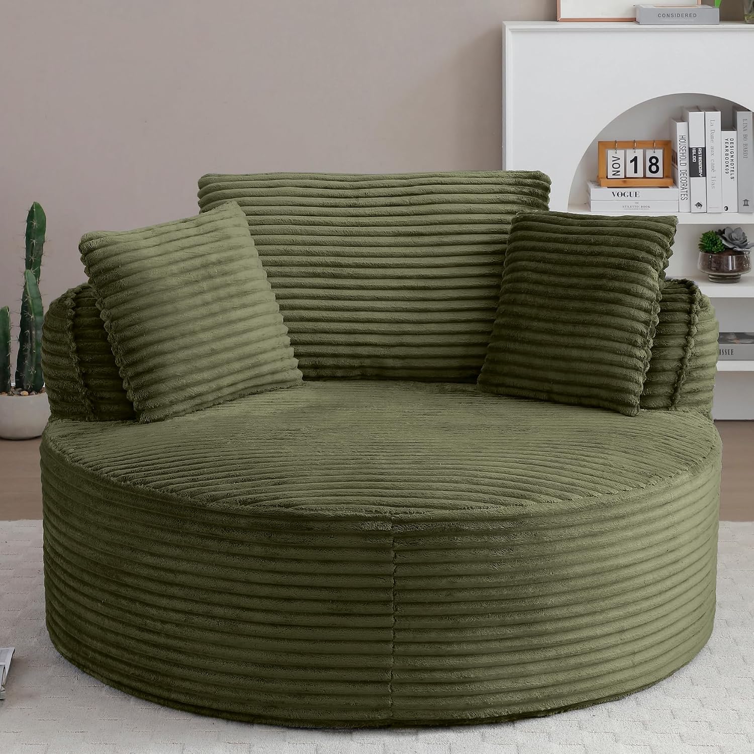 Oversized Round Chair Lounge Chaise Indoor, 53.5" Upholstered Corduroy Deep Seat Single Cloud Sofa Chair, Fluffy Modern Large Circle Boneless Sleeper Sofa for Living Room, Bedroom, Green