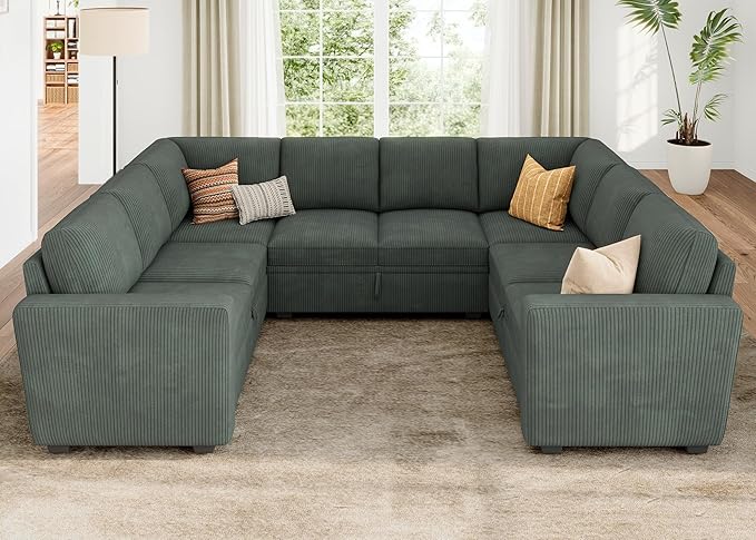 HONBAY Modular Sectional Pull Out Couch Bed, Corduroy Sleeper Sofa with Storage Seats, Oversized U Shaped Sectional Couches for Living Room, Green