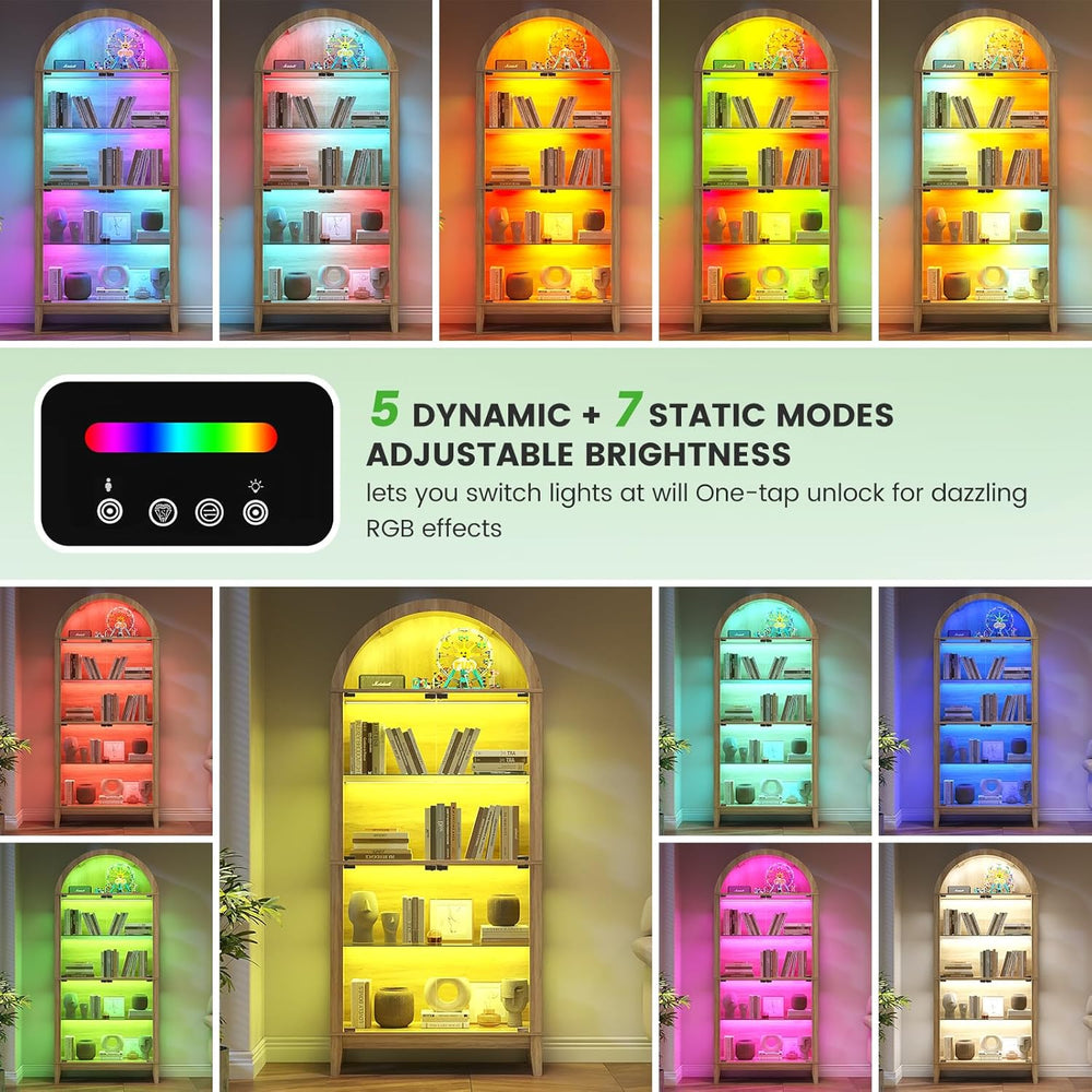 HNEBC Arched Display Case with RGB Lights, 69" Tall 5-Tier Tempered Glas...