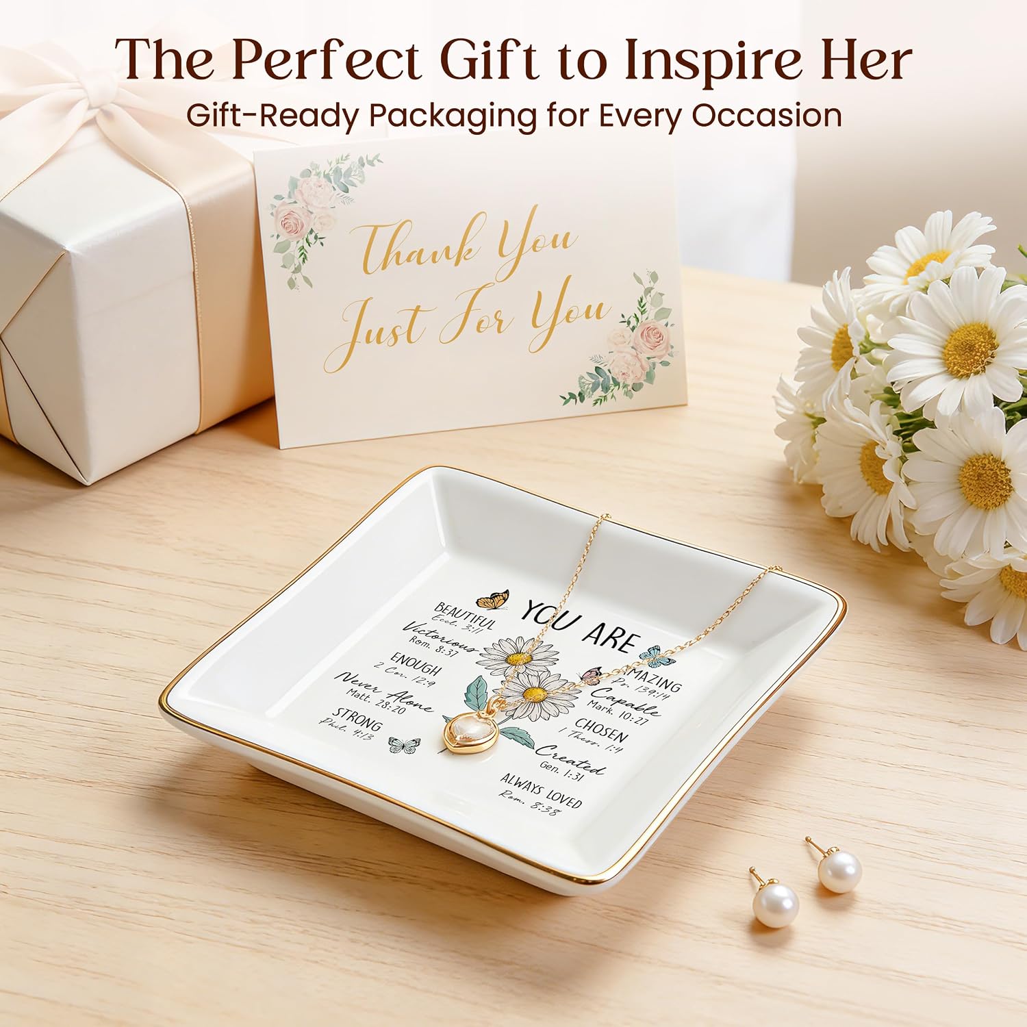 PUDDING CABIN Birthday Gifts for Women, Daisy Scripture Jewelry Dish, Christian Gifts
