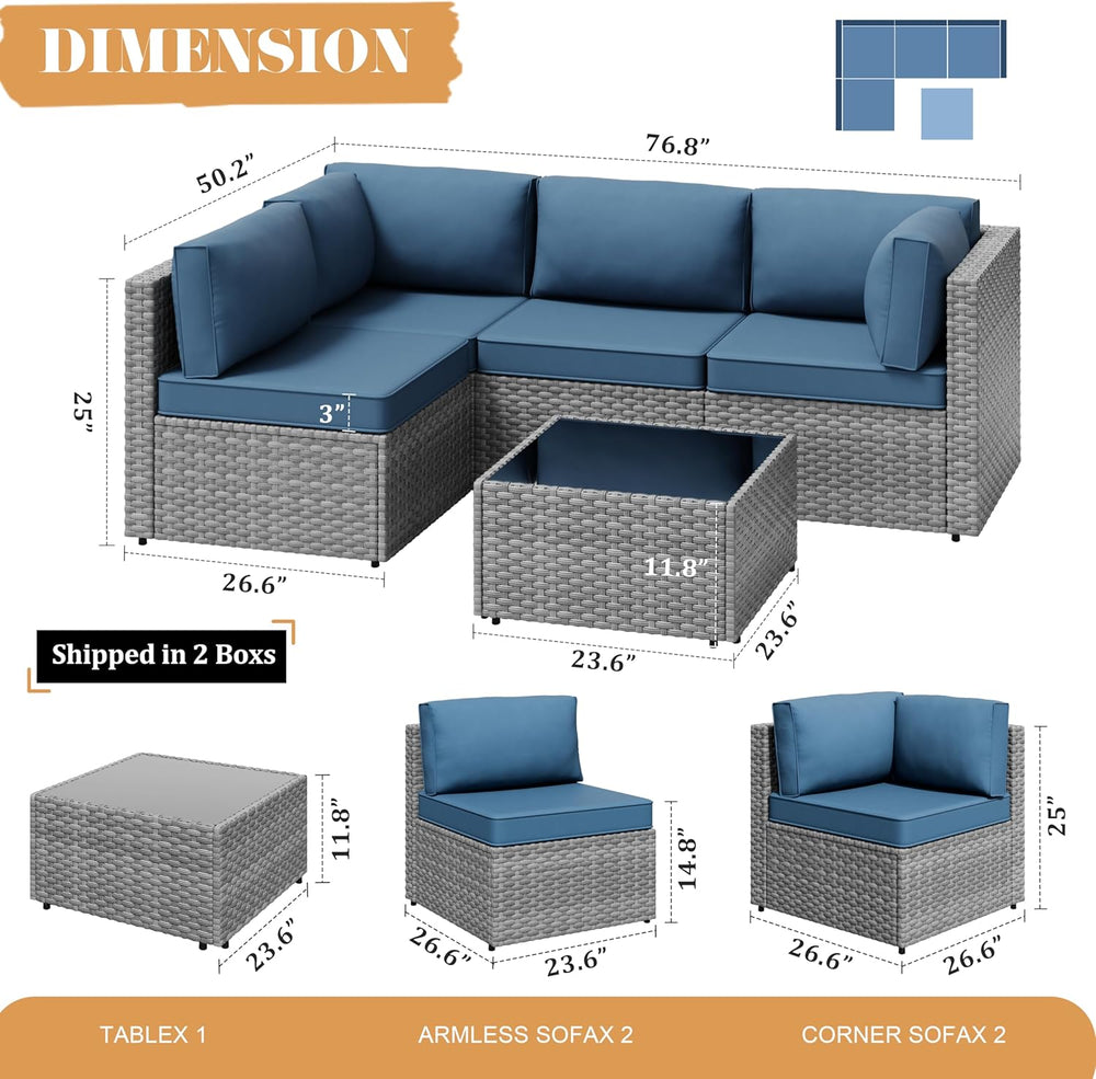 Vongrasig 5 Pieces Outdoor Sectional Furniture, All-Weather Rattan Patio Furn...
