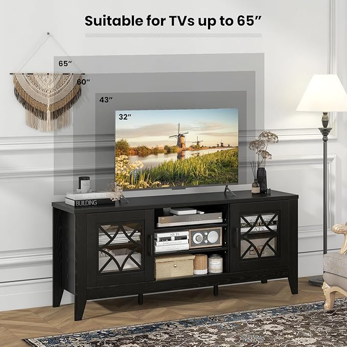 Giantex Farmhouse TV Stand for TVs up to 65", Entertainment Center with 4 Adjustable Storage Shelves & Tempered Glass Doors, Modern TV Console Table for Bedroom, Living Room