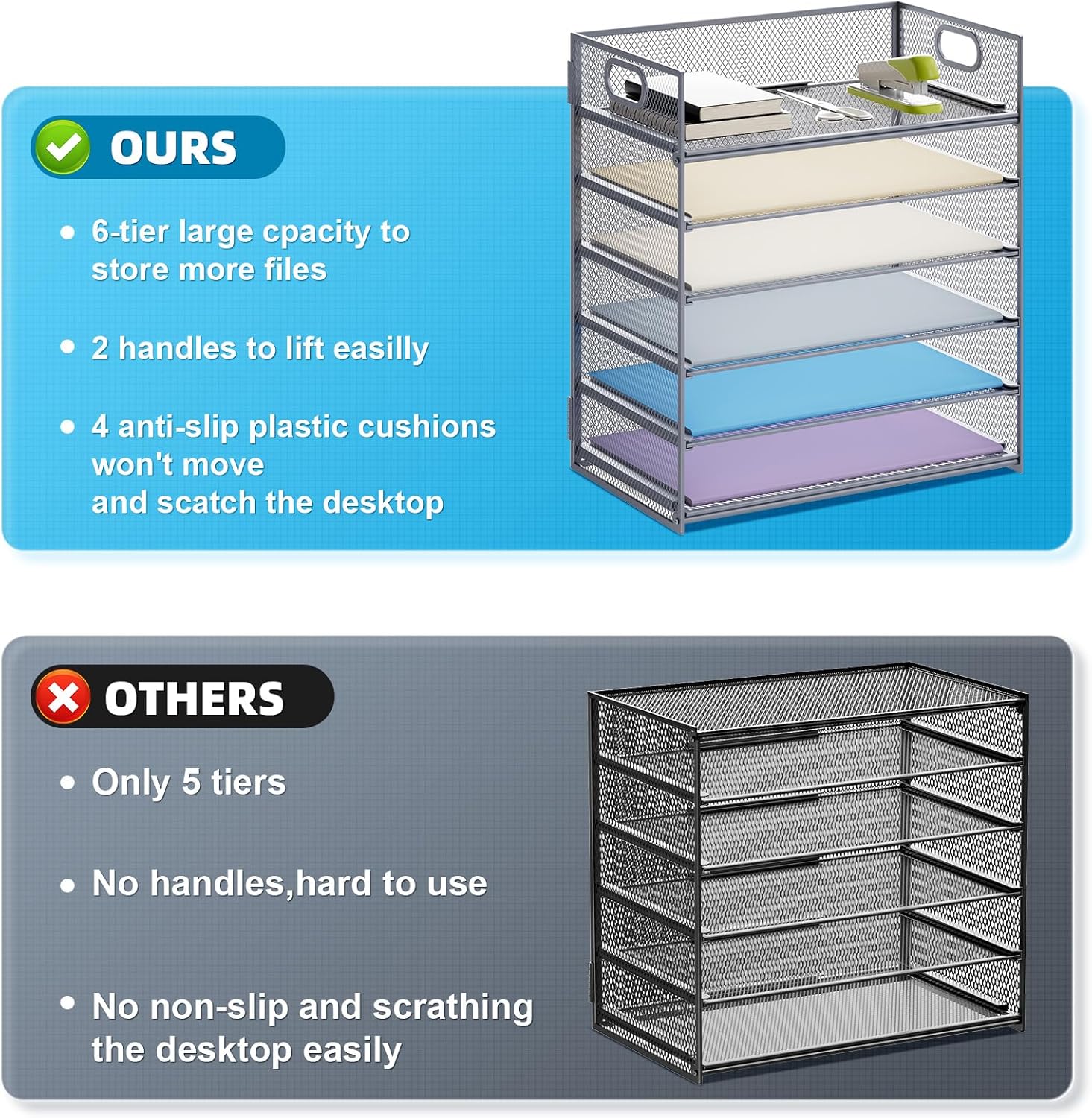 Marbrasse 6 Tier Paper Organizer Letter Tray - Mesh Desk File Organizer with Handle, Paper Sorter for Letter/A4 Office File Folder Holder - Grey