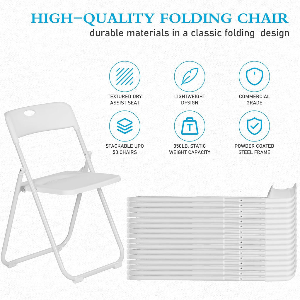 40 Pack White Plastic Folding Chairs, Indoor Outdoor Portable Stackable Commercial Seats with Steel Frame for Home Office Wedding Party Events Kitchen Dining, 350lb Capacity