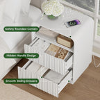 White Nightstands Set of 2 with Charging Station, Mid Century Modern End Tables & Bedside Tables, Fluted Wood Small Night Stands with 2 Hidden Drawers and Storage Shelf for Bedroom