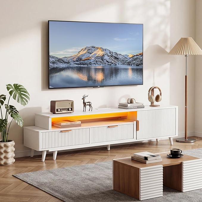 YITAHOME TV Stand for 100 Inch TVs with Power Outlet & LED Light, Fluted Entertainment Center with Storage Drawers & Cabinet, Modern Media Console for Living Room, White