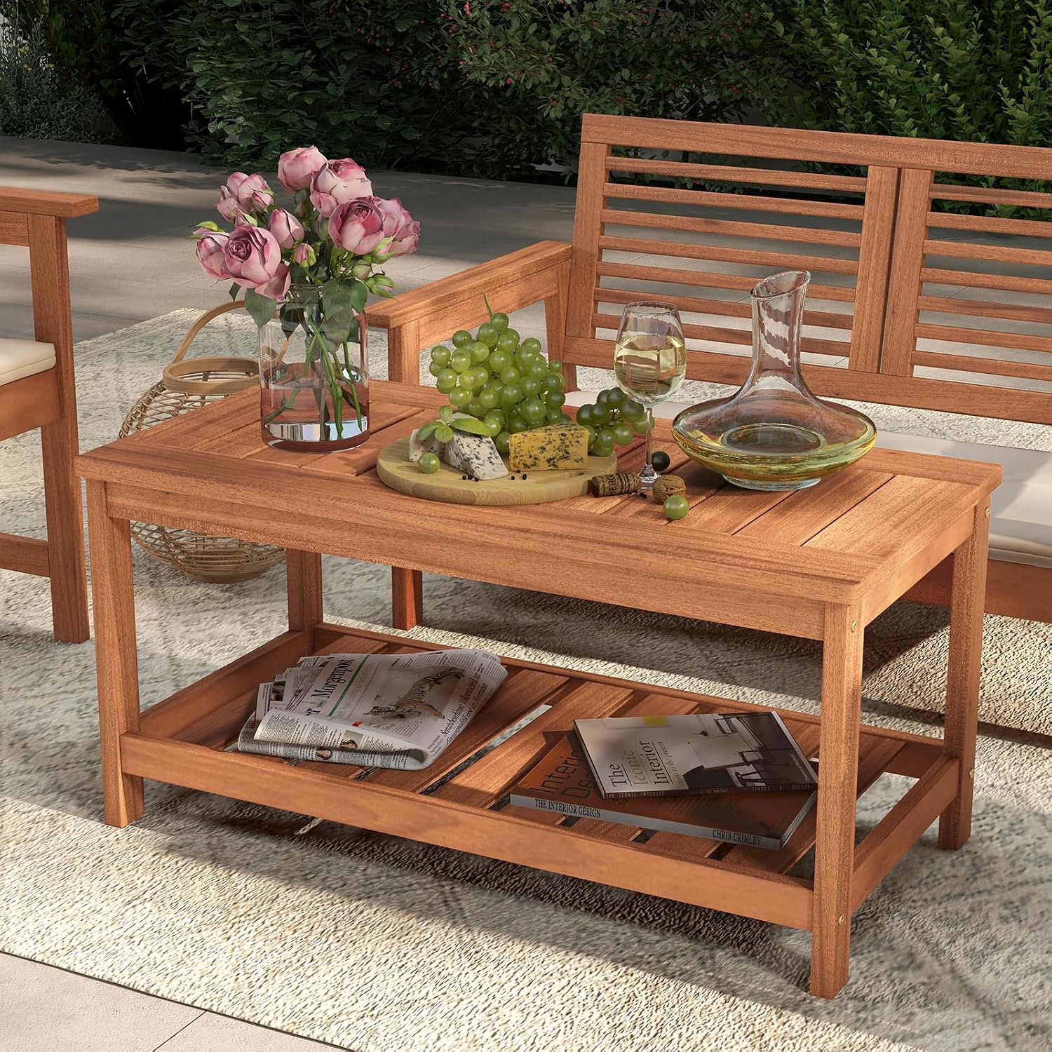 Tangkula Wood Outdoor Coffee Table, 2-Tier Patio Coffee Table with Slatted Hardwood Tabletop & Storage Shelf, Rectangle Wood Table for Deck, Garden, Balcony, Indoor or Outdoor Use (Natural)