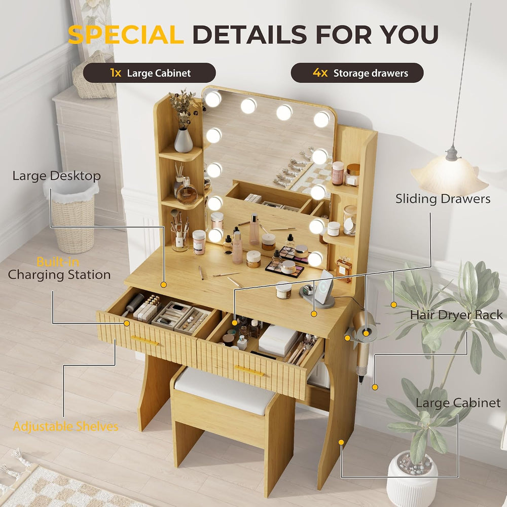 Otterease 31" Makeup Vanity Desk with LED Mirror and Storage Stool, Natu...