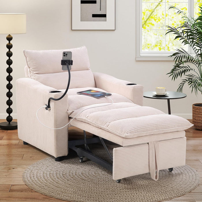 HAOMARKETS Corduroy Sleeper Sofa Bed with Cup Holders, 3-in-1 Convertible Pullout Futon Couch with Phone Holder&USB Charge Port, Single Armchair with 3-Level Adjustable Backrest for Apartment