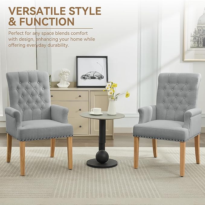 Fabric Dining Chair with Arms, Upholstered Tufted High Back Dining Room Chair...