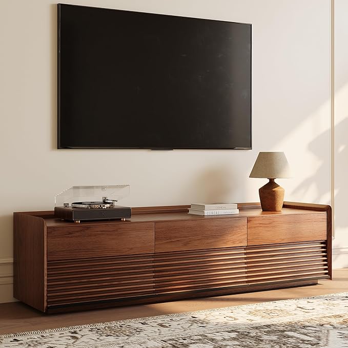 POVISON Fully-Assembled Mid Century Modern TV Stand, 70.87" Wood Media Console with Adjustable LED Light, Entertainment Center with Storage for Living Room