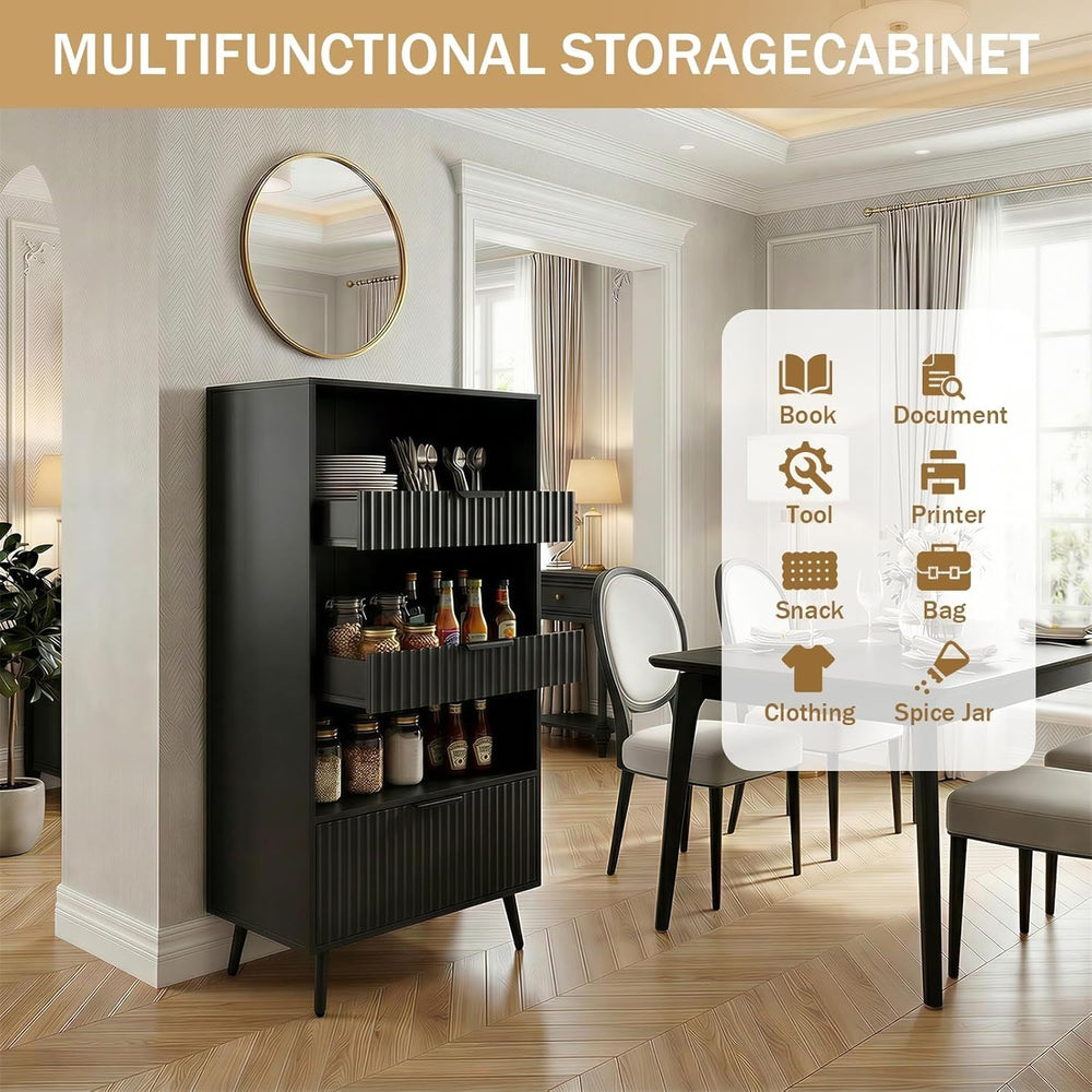 51" Tall Modern Black Storage Cabinet, Freestanding Kitchen Pantry Cabin...