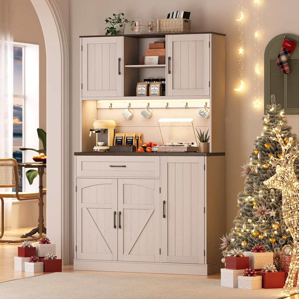 ONBRILL 71" Kitchen Pantry Cabinet with LED Light/Outlet, Off White+Waln...