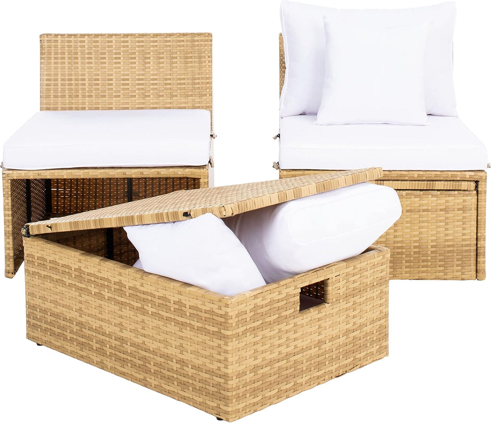 SAFAVIEH Outdoor - Pramla Settee and Ottoman Set - Natural & White - Stee...
