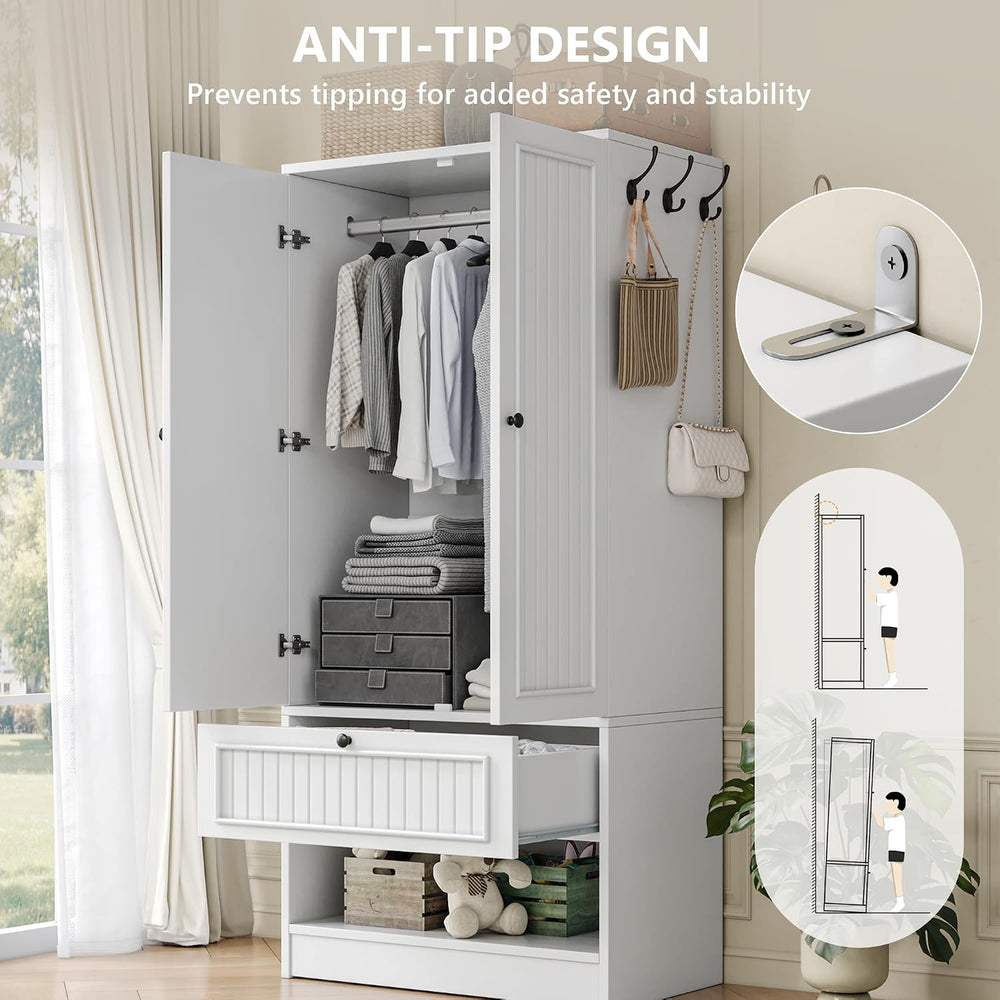 iPormis Wood Armoire Wardrobe Closet with Mirror Door and Drawer, 2 Doors Bed...