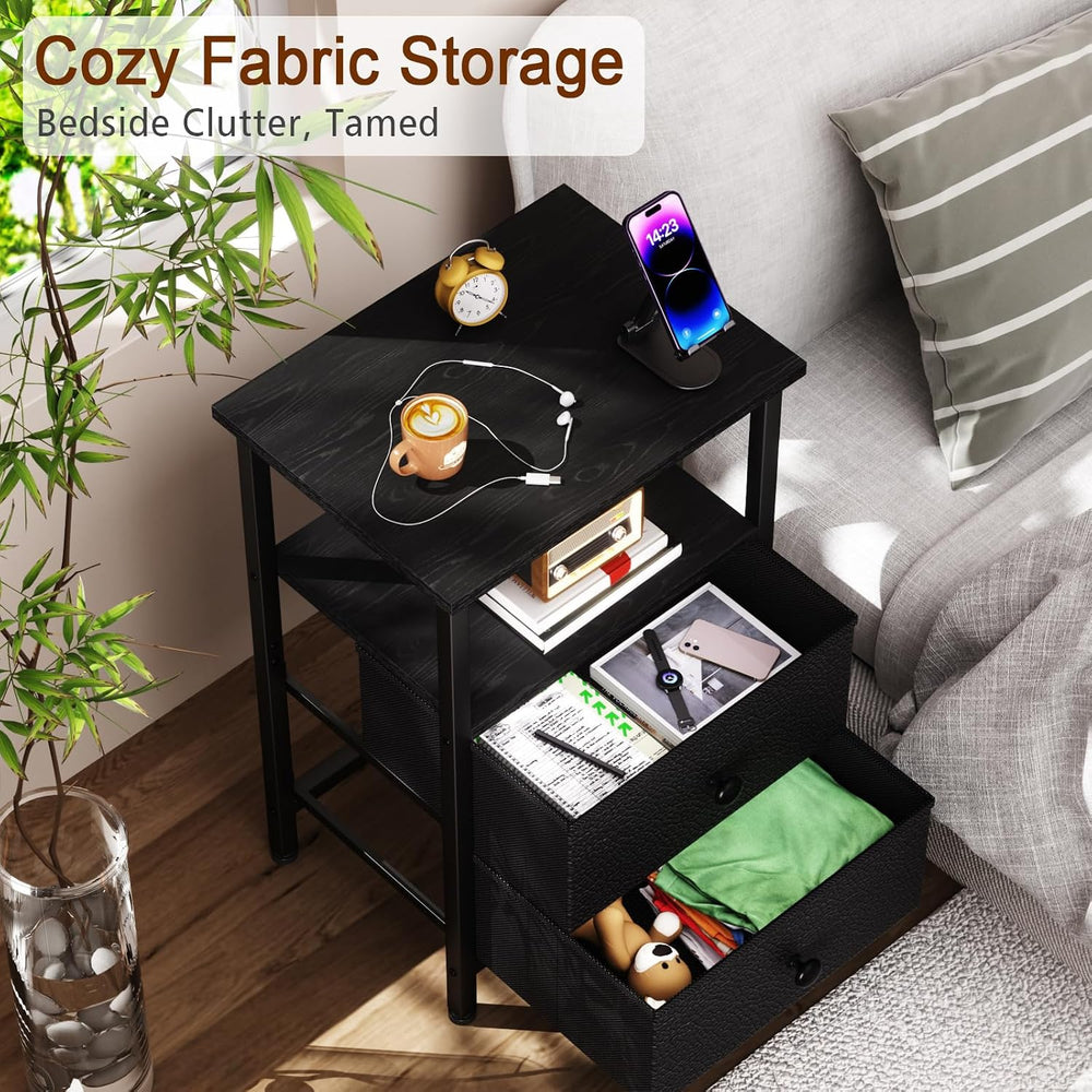 LOAKEKEL Night Stand, Black Nightstands with 2 Fabric Drawers for Bedroom | S...