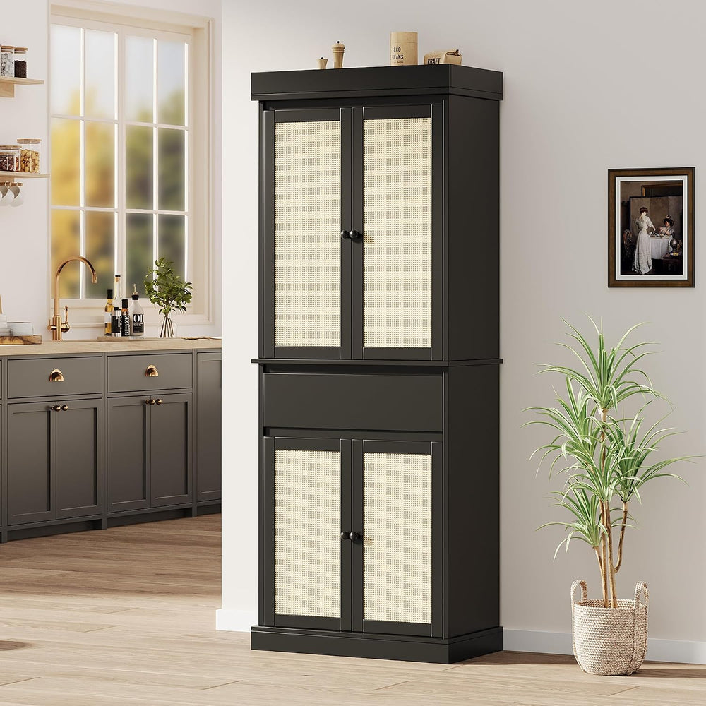 69'' Tall Pantry Cabinet - 4 Rattan Doors, Drawer, and 2 Adjustable S...