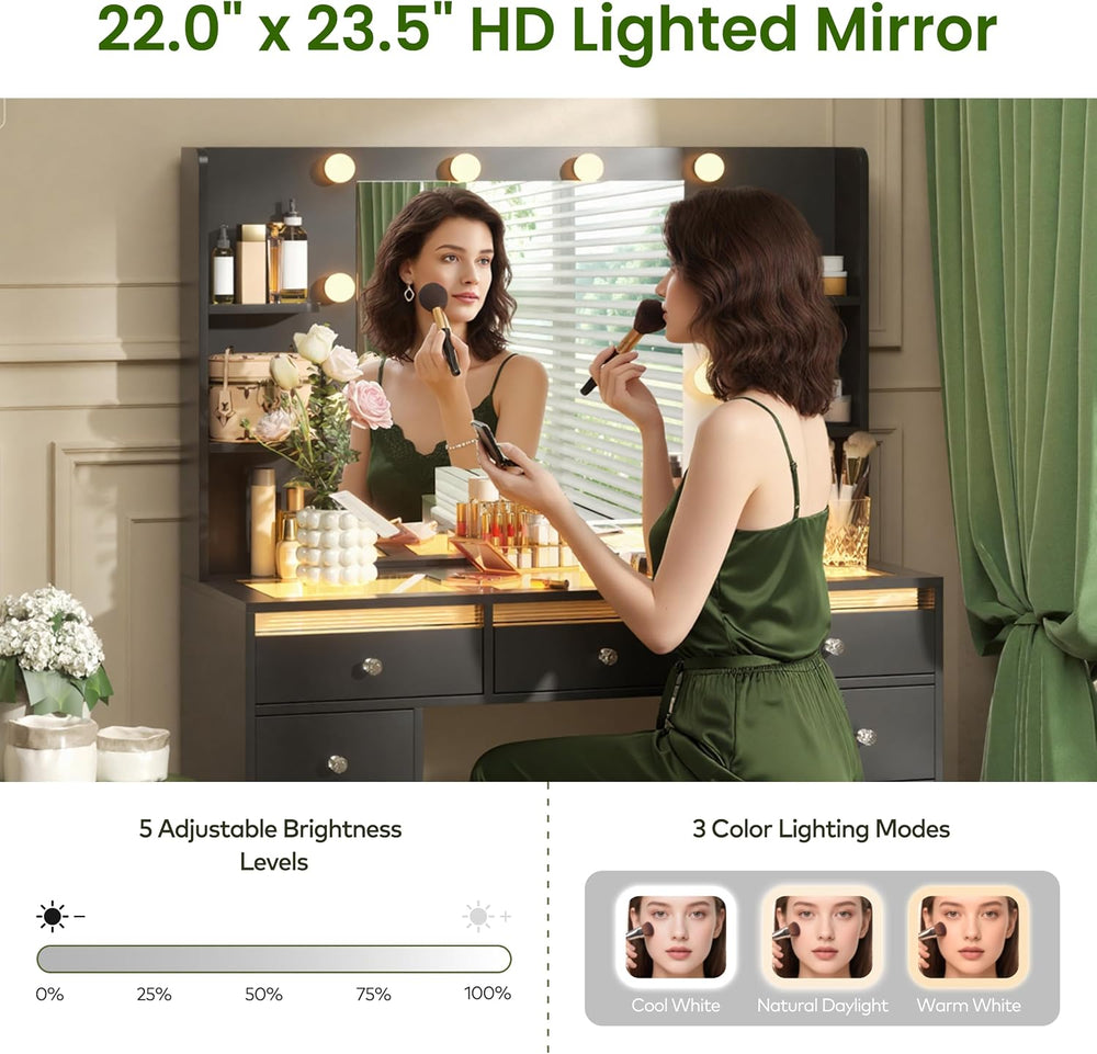 IFSEB Makeup Vanity Desk with Lights, Black Vanity Glass Top, 23.5'' ...