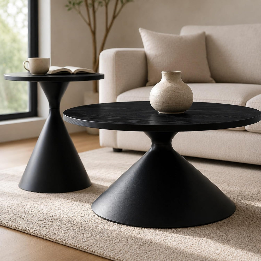 Coffee Table Set, 2-Piece Round Side Tables with Black Patterned Top & St...