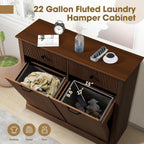 Grepatio Tilt Out Fluted Laundry Hamper Cabinet, 22 Gallon Double Hidden Laundry Hamper, Wooden Trash Can Cabinets with 2 Drawers, Modern Garbage Can Cabinet for Bathroom, Kitchen (Brown, Double)