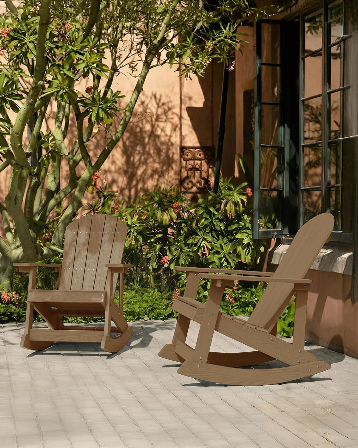 YEFU Adirondack Rocking Chair Set of 2, All-Weather Resistant, Teak | Outdoor Rocking Chair Oversized, Rocker Chair with Wide Back,Look Like Real Wood, For Patio/Porch/Backyard,Heavy Duty 380 lbs
