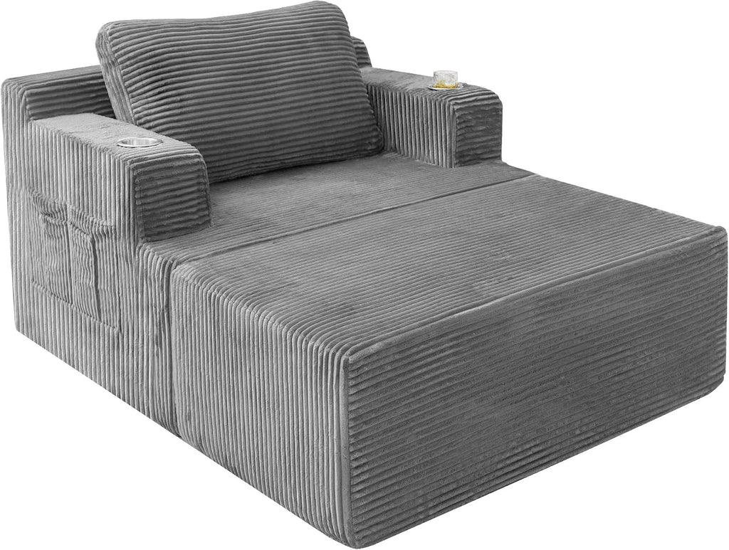Homall Oversized Chaise Lounge Chair, Cloud Couch with Fluffy Upholstered, Deep Seat Sleeper Sofa Bed with Two Cup Holders, Comfy Boneless Couch No Assembly Required for Living Room, Apartment (Grey)