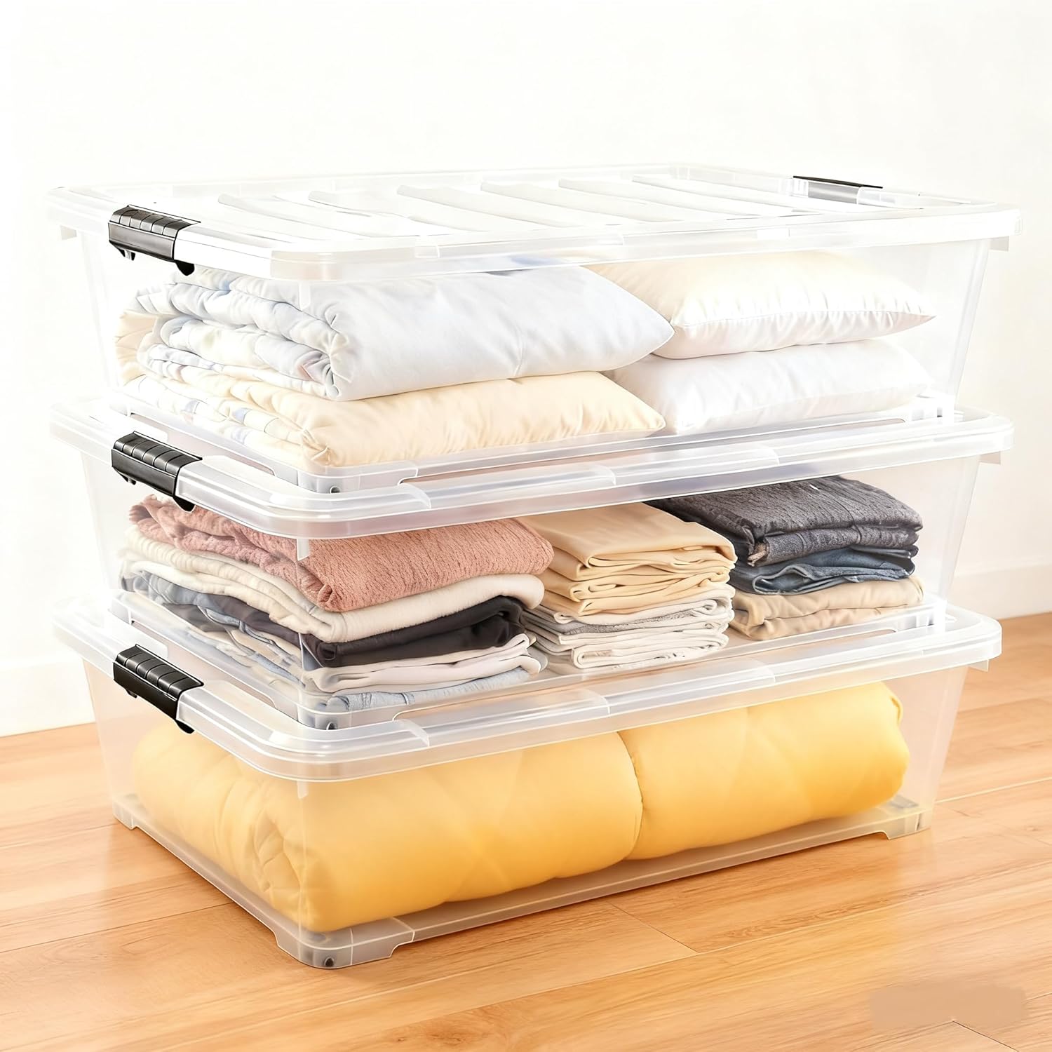 Zopnny 3-Pack 40 Quart Plastic Underbed Storage Box, Large Clear Under Bed Storage Bin with Wheels