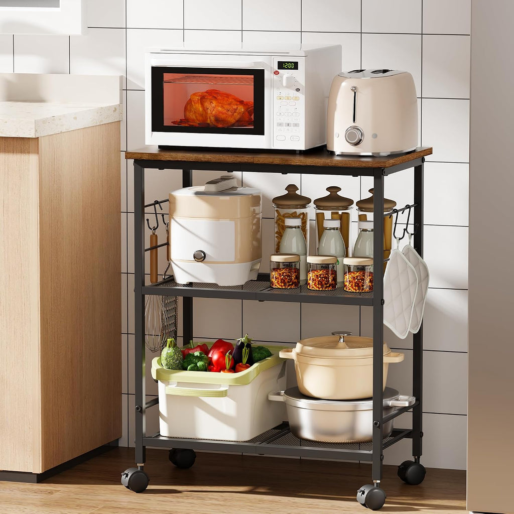 BEWISHOME 3-Tier Rolling Kitchen Microwave Cart, Small Microwave Stand | 4 Lockable Wheels, Hooks, Small Coffee Cart Shelf Rack Organizer for Kitchen, Living Room, Bathroom