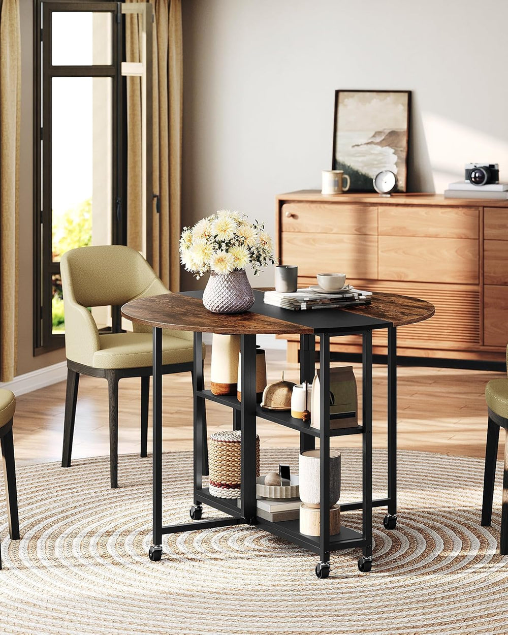 CHOEZON Folding Dining Table, Kitchen Table with 6 Wheels, Folding Round Tabl...