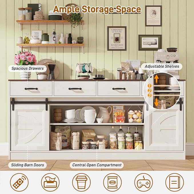 St.Mandyu 70" Large Farmhouse TV Stand for 85/80/75/70 Inch TVs w/4 Drawers,Rustic Tall Media Console w/Sliding Barn Door, Adjustable Shelves,Tall Entertainment Center for Living Room,White