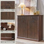 Modern Double Tilt-Out Trash Cabinet, 20 Gallon Fluted Laundry Hamper Cabinet with 2 Drawers, Wooden Hidden Garbage Can Cabinet w/Storage Basket,Free Standing for Kitchen & Living Room, Brown