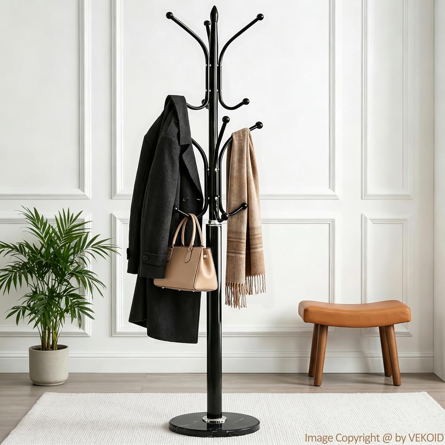 12 Hooks Metal Coat Rack Freestanding Coat Tree with Marble Base, Heavy Duty Coat Rack Stand for Clothes Hats Bags, Coat Hanger Stand for Corner Entryway Bedroom Office (Black)
