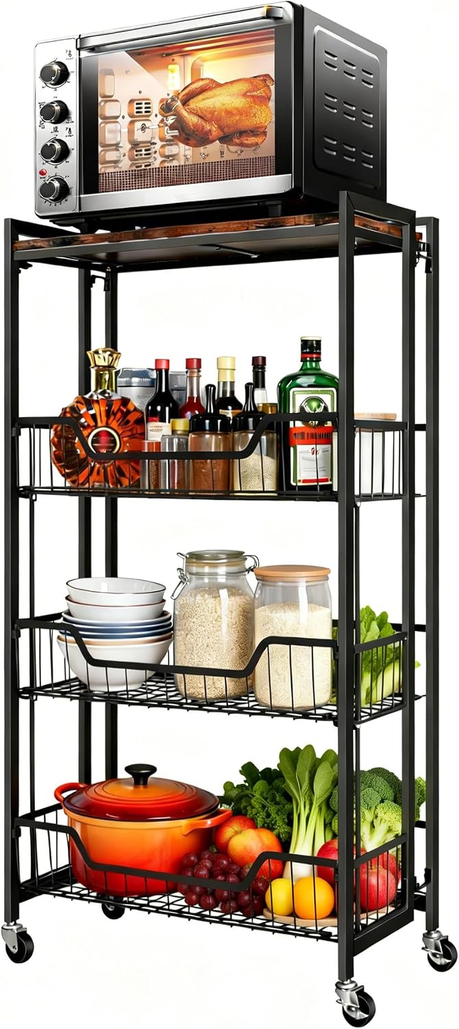Garvee Large 4-Tier Foldable Storage Cart with Lockable Caster - 100Lbs Loadi...