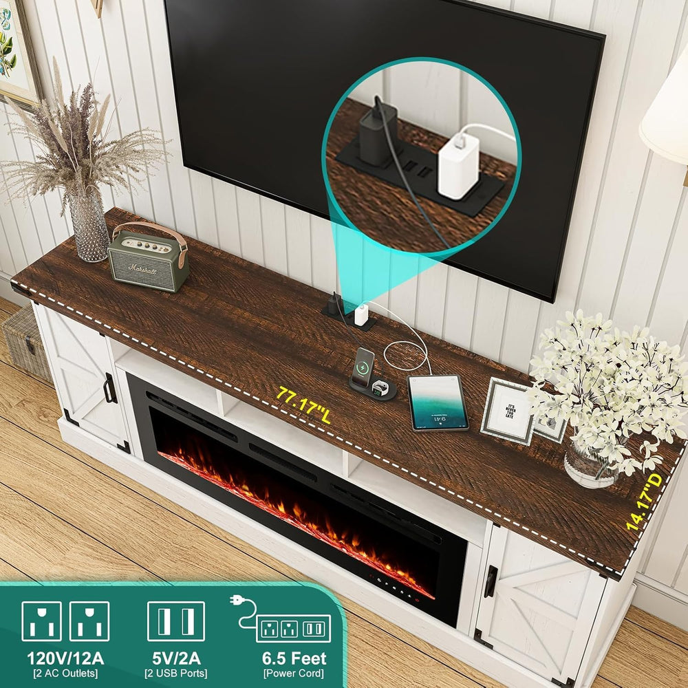 77 INCH Fireplace TV Stand for 85 Inch TVs, Farmhouse Entertainment Center wi...