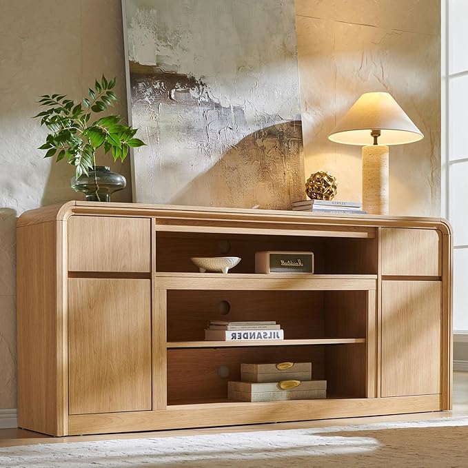 Modern TV Stand for 80 Inch TVs, 32"Tall Entertainment Center w/Storage Cabinet& drawers, Media Console Cabinet w/Soundbar &Adjustable Shelves for Living Room, Curved Profile Design, 70 inch (Natural)