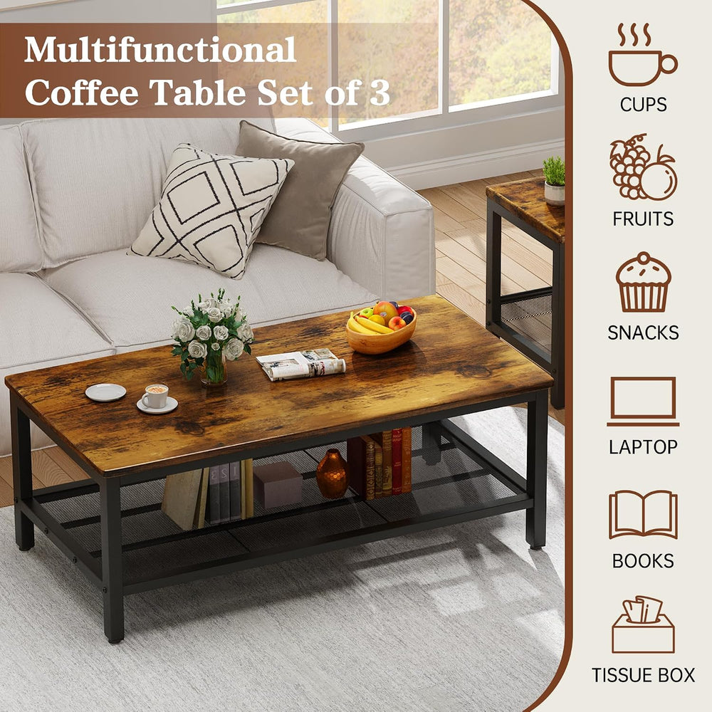 3-Piece Coffee Table and End Table Sets for Living Room, Industrial Coffee Ta...