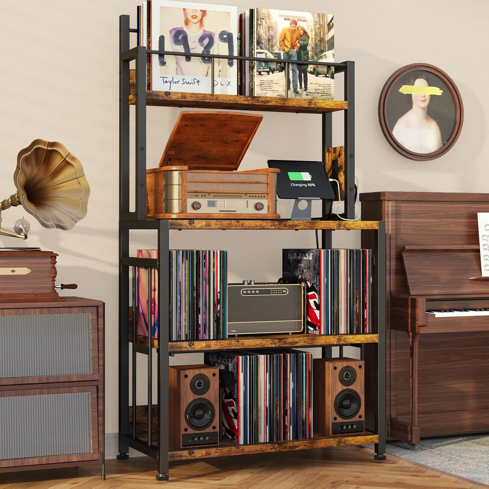 Record Player Stand with Power Outlets,Vinyl Display and Storage shelf | 4-Ti...