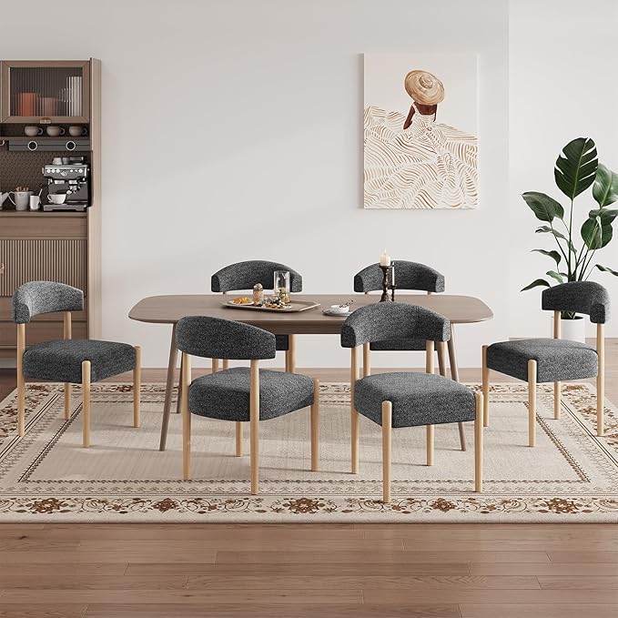 VKNOW Wooden Dining Chairs Set of 6, Modern Upholstered Dining Room Chairs with Rubberwood Legs and Curved Backrest, Fabric Kitchen Chairs for Farmhouse/Living Room/Dining Room, Black