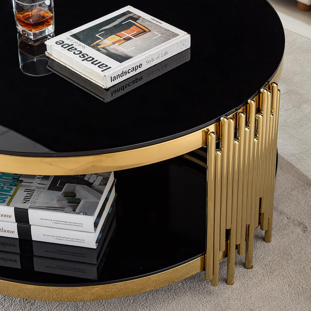 Luxury Glass Circular Coffee Table Set of 3, Black Glass Coffee Table and 2 B...