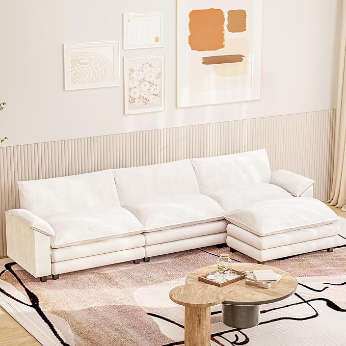 Furniwell 119" Modular Couch 3-Seat Sofa with Reversible Ottoman, Cloud Couch L Shaped Sofa with Deep Seat, Chenille Sectional Couches for Living Room