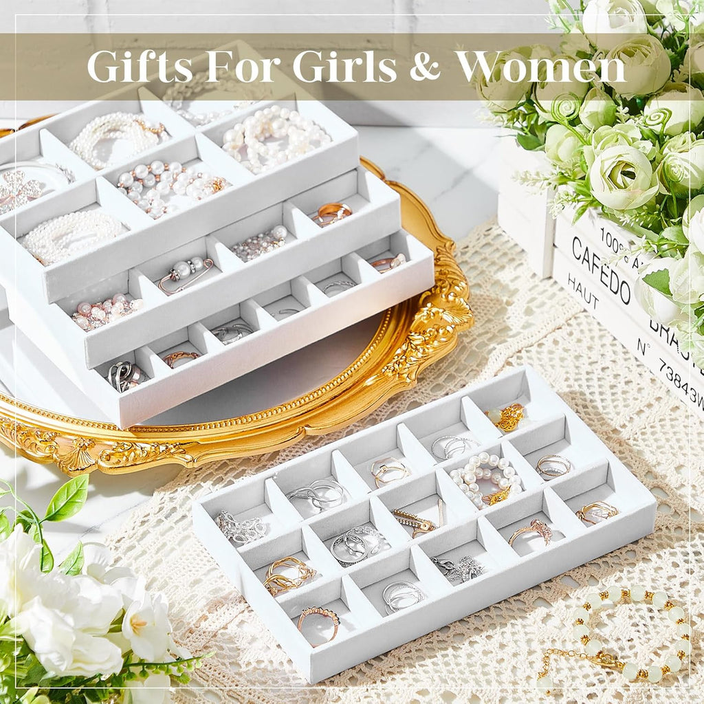 Junkin 12 Pcs Jewelry Tray Velvet Stackable Jewelry Organizer Trays Divided Earring Accessories Storage Containers Box (Rose Red)