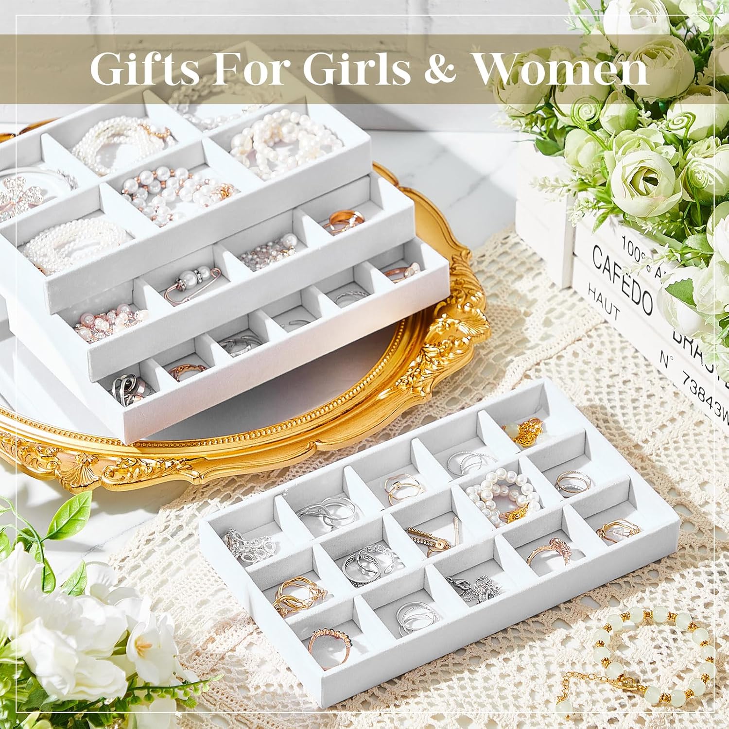 Junkin 12 Pcs Jewelry Tray Velvet Stackable Jewelry Organizer Trays Divided Earring Accessories Storage Containers Box (Rose Red)