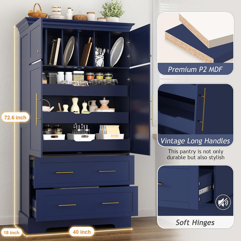 roomfitters 73 Inch Large Kitchen Pantry with 4 Doors, Pull-Out Trays and Cak...