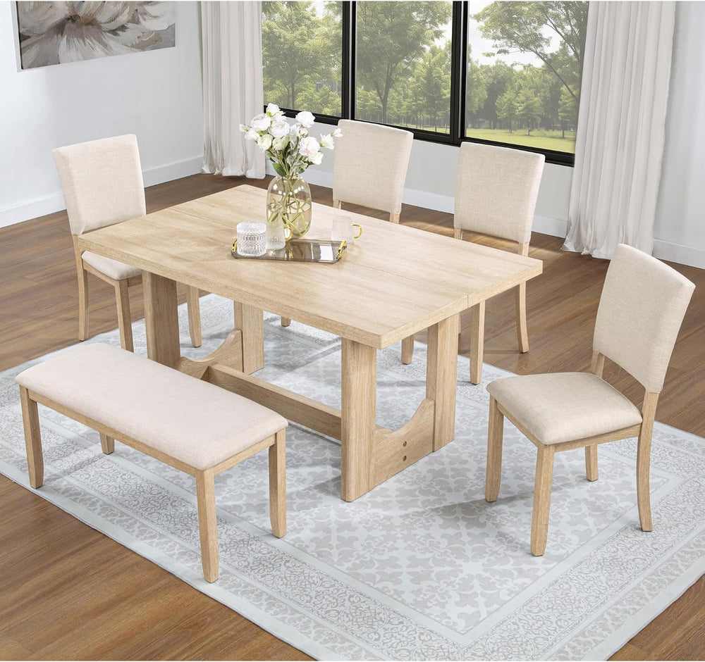 Merax Farmhouse Rectangular Dining Table with U-Shaped Base, 4 Upholstered Ch...