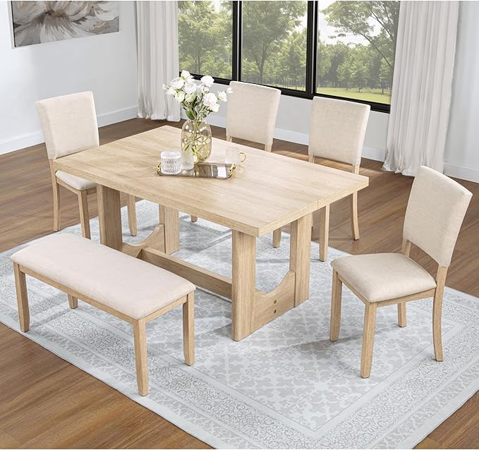 KEIKI 6-Piece Standard Height Dining Table Set with Rectangular Table, 4 Upho...