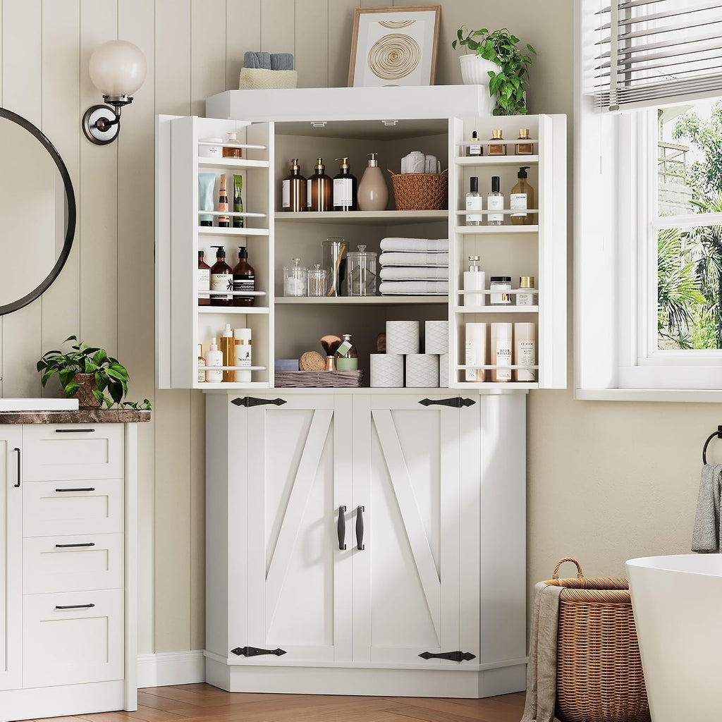 Jocoevol Corner Cabinet, Kitchen Pantry Storage Cabinet with 4 Doors and Shelves, Tall Food Pantry Storage Cabinet Farmhouse Furniture for Kitchen Dining Room, White